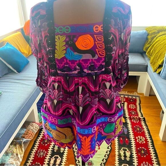 Anna Sui 100% Silk Embroidered Top Size P/XS - Picture 6 of 16